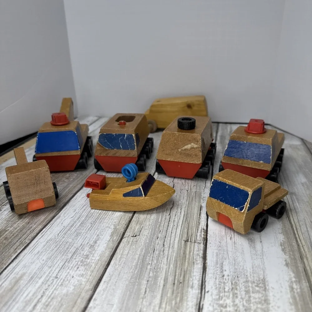 VTG 1971 & 1973 Mattel Putt Putt Wooden Toy Train Boat Trucks Vehicles Cars PreK